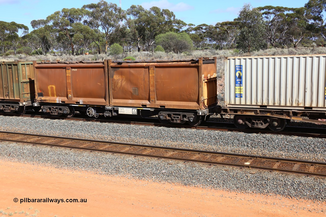 161112 3014
West Kalgoorlie, loaded Malcolm sulphur train 6029, CQZY type waggon CQZY 1650, built by CIMC at Dalian China for CFCLA and one of fifteen on lease to Aurizon with a pair of original style sulphur containers with sliding tarpaulins, S68B G861 with what look to be fork pockets in the top sill, and S86W G988.
Keywords: CQZY-type;CQZY1650;CIMC-Dalian-China;