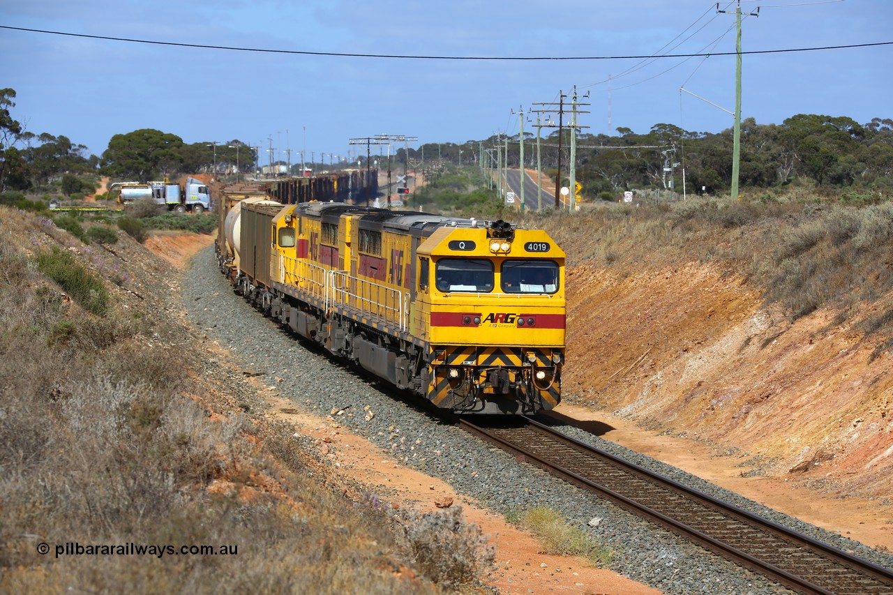 161112 3020
West Kalgoorlie, following a loco and crew change loaded sulphur train 6029 continues onto Malcolm behind the final two Clyde Engineering EMD model GT46C Q class units Q 4019 (originally Q 319) serial 98-1472 and Q 4018 (originally Q 318) serial 98-1471 as it crosses Gateacre Rd.
Keywords: Q-class;Q4019;Clyde-Engineering-Forrestfield-WA;EMD;GT46C;98-1472;Q319;
