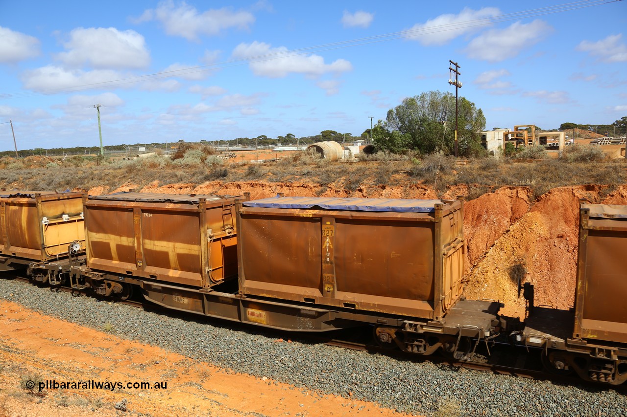 161112 3026
West Kalgoorlie, loaded Malcolm sulphur train 6029, AQNY type waggon AQNY 32169 one of sixty two waggons built by Goninan WA in 1998 as WQN type for Murrin Murrin container traffic with two original style sulphur containers S14R G827 and S158A G910 both with the siding tarpaulins.
Keywords: AQNY-type;AQNY32169;Goninan-WA;WQN-type;