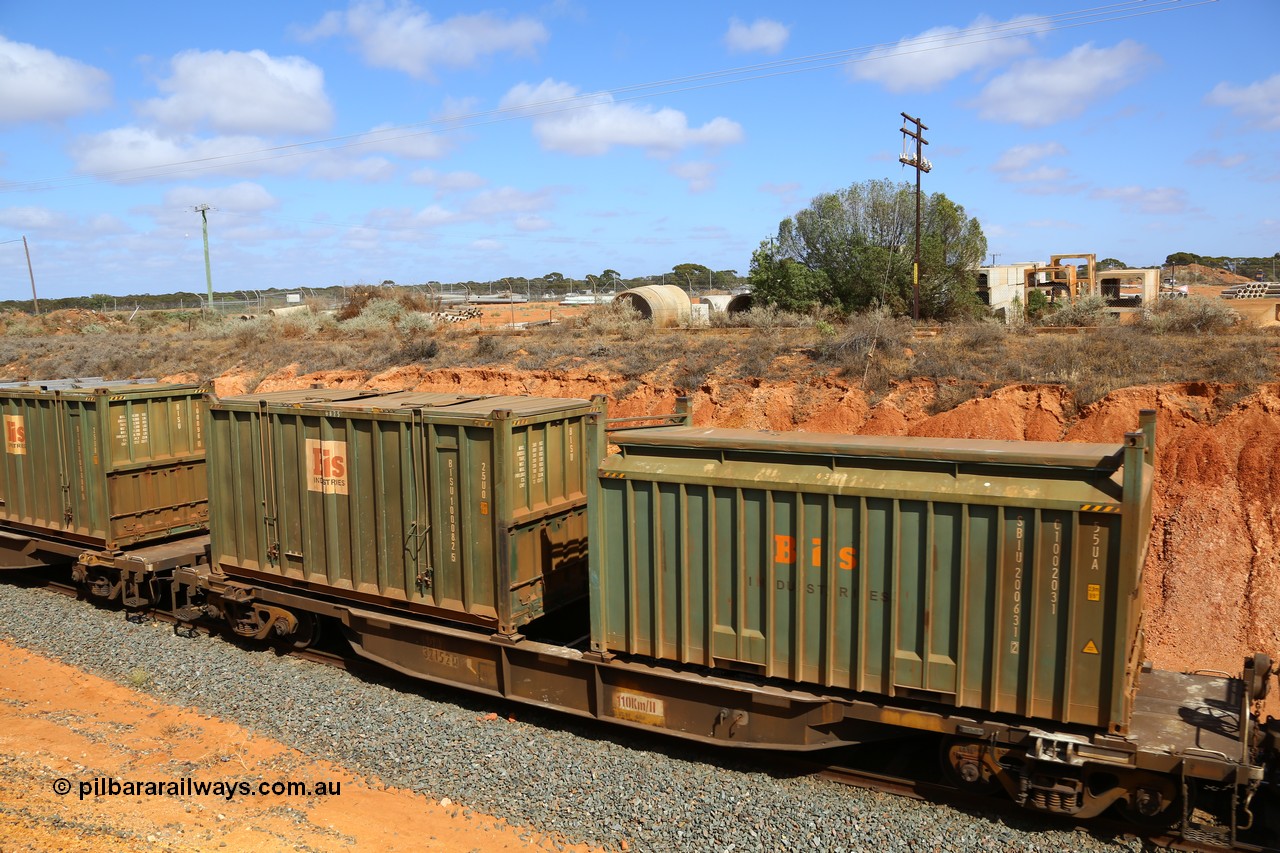 161112 3027
West Kalgoorlie, loaded Malcolm sulphur train 6029, AQNY type waggon AQNY 32152 one of sixty two waggons built by Goninan WA in 1998 as WQN type for Murrin Murrin container traffic with Bis Industries roll-top type 55UA container SBIU 200631 and a hard-top type 25U0 container BISU 100082.
Keywords: AQNY-type;AQNY32152;Goninan-WA;WQN-type;
