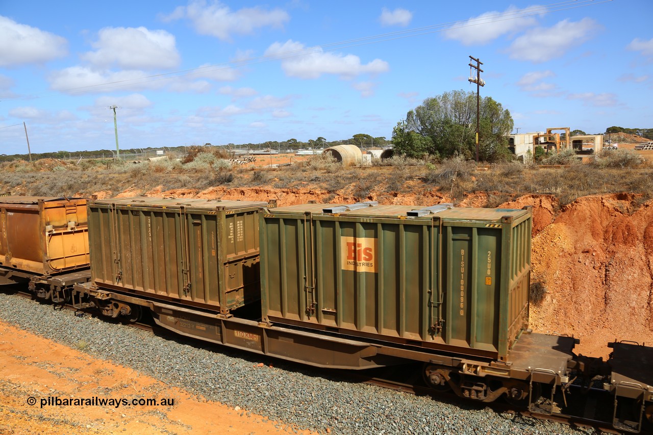 161112 3028
West Kalgoorlie, loaded Malcolm sulphur train 6029, AQNY type waggon AQNY 32212, final member of sixty two waggons built by Goninan WA in 1998 as WQN type for Murrin Murrin container traffic with a pair of Bis Industries hard-top type 25U0 containers BISU 100096 and un-decaled BISU 100019.
Keywords: AQNY-type;AQNY32212;Goninan-WA;WQN-type;