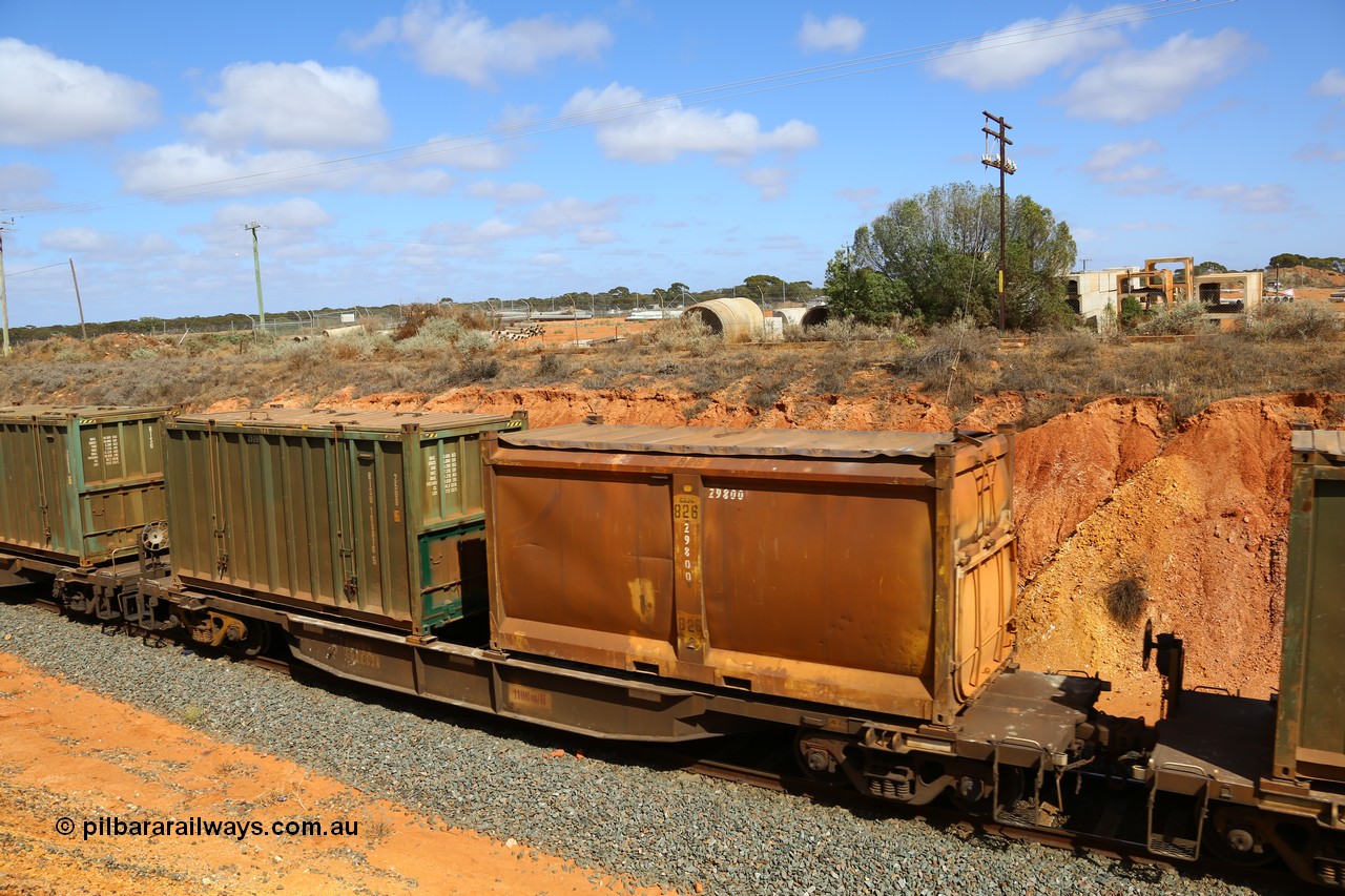 161112 3029
West Kalgoorlie, loaded Malcolm sulphur train 6029, AQNY type waggon AQNY 32189 one of sixty two waggons built by Goninan WA in 1998 as WQN type for Murrin Murrin container traffic with original style sulphur container S75F G826 and un-decaled hard-top type 25U0 container BISU 100010.
Keywords: AQNY-type;AQNY32189;Goninan-WA;WQN-type;