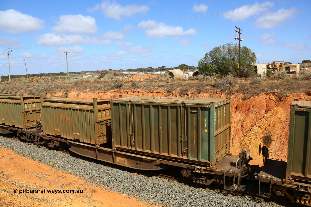 161112 3030
West Kalgoorlie, loaded Malcolm sulphur train 6029, AQNY type waggon AQNY 32192 one of sixty two waggons built by Goninan WA in 1998 as WQN type for Murrin Murrin container traffic with an un-decaled hard-top type 25U0 container BISU 100023 and Bis Industries roll-top type 55UA container SBIU 200616.
Keywords: AQNY-type;AQNY32192;Goninan-WA;WQN-type;