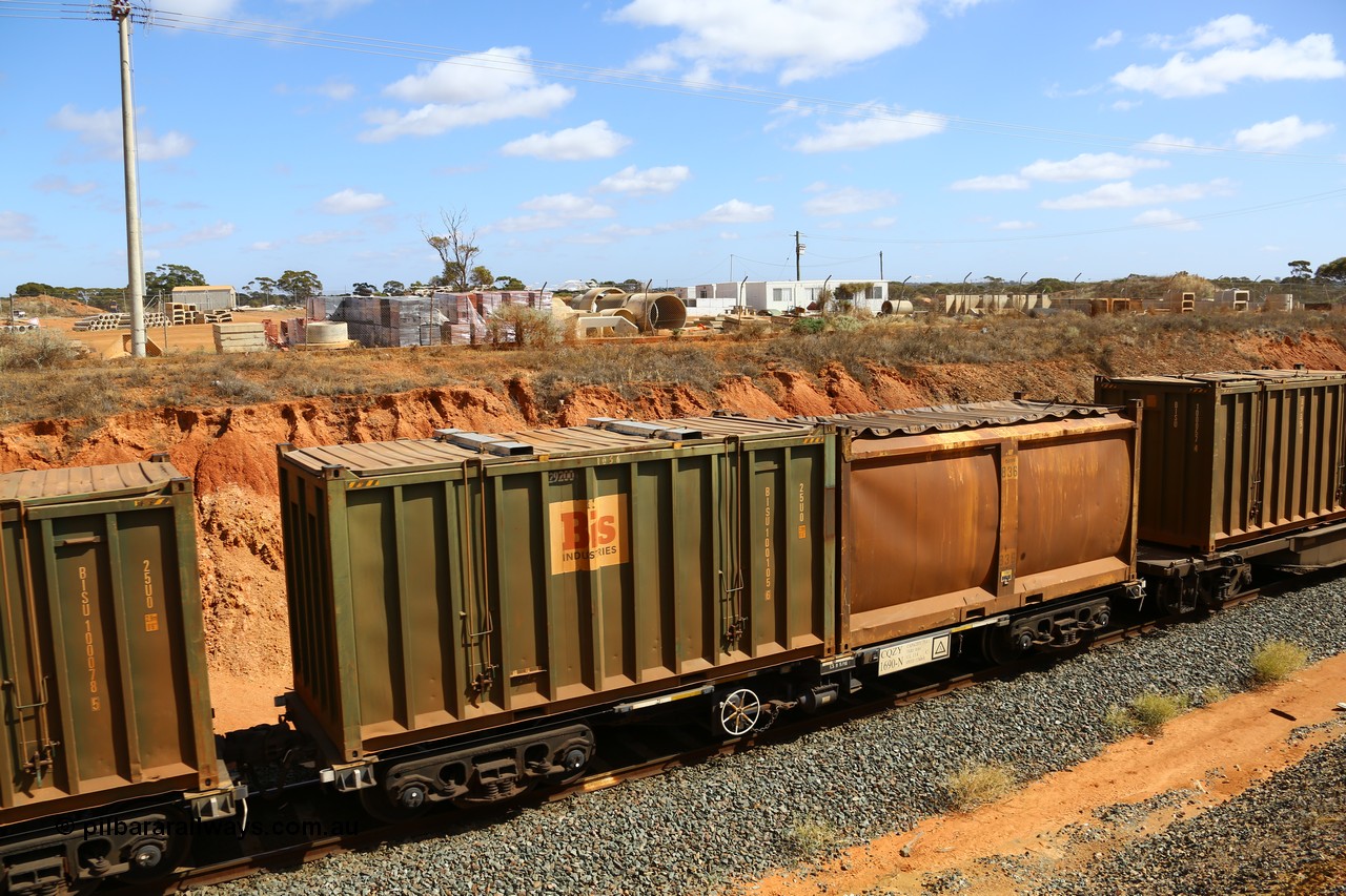 161112 3032
West Kalgoorlie, loaded Malcolm sulphur train 6029, CQZY type waggon CQZY 1690, built by CIMC at Dalian China for CFCLA and one of fifteen on lease to Aurizon with original style sulphur container S7N G836 with sliding tarpaulin and Bis Industries hard-top type 25U0 container BISU 100105.
Keywords: CQZY-type;CQZY1690;CIMC-Dalian-China;