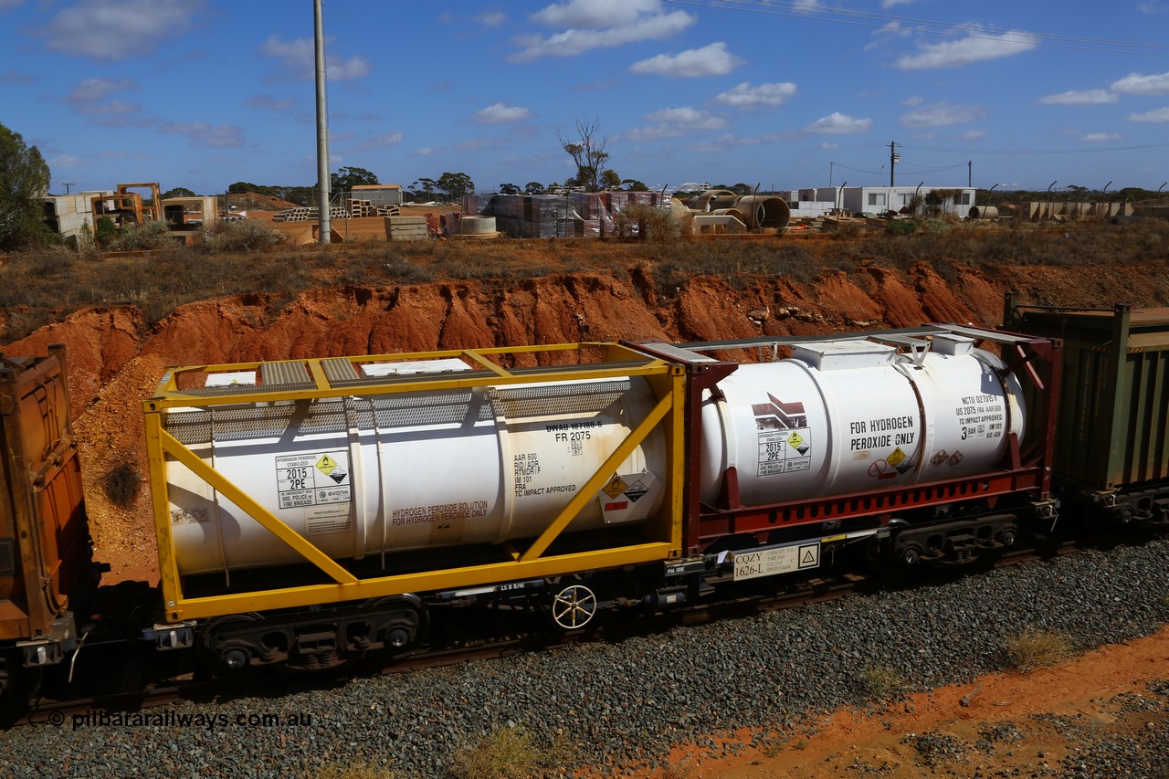 161112 3033
West Kalgoorlie, loaded Malcolm sulphur train 6029, CQZY type waggon CQZY 1626, built by CIMC at Dalian China for CFCLA and one of fifteen on lease to Aurizon with two Evonik TEU 2075 type tanktainers for hydrogen peroxide, NCTU 027015 and DWAU 107180.
Keywords: CQZY-type;CQZY1626;CIMC-Dalian-China;