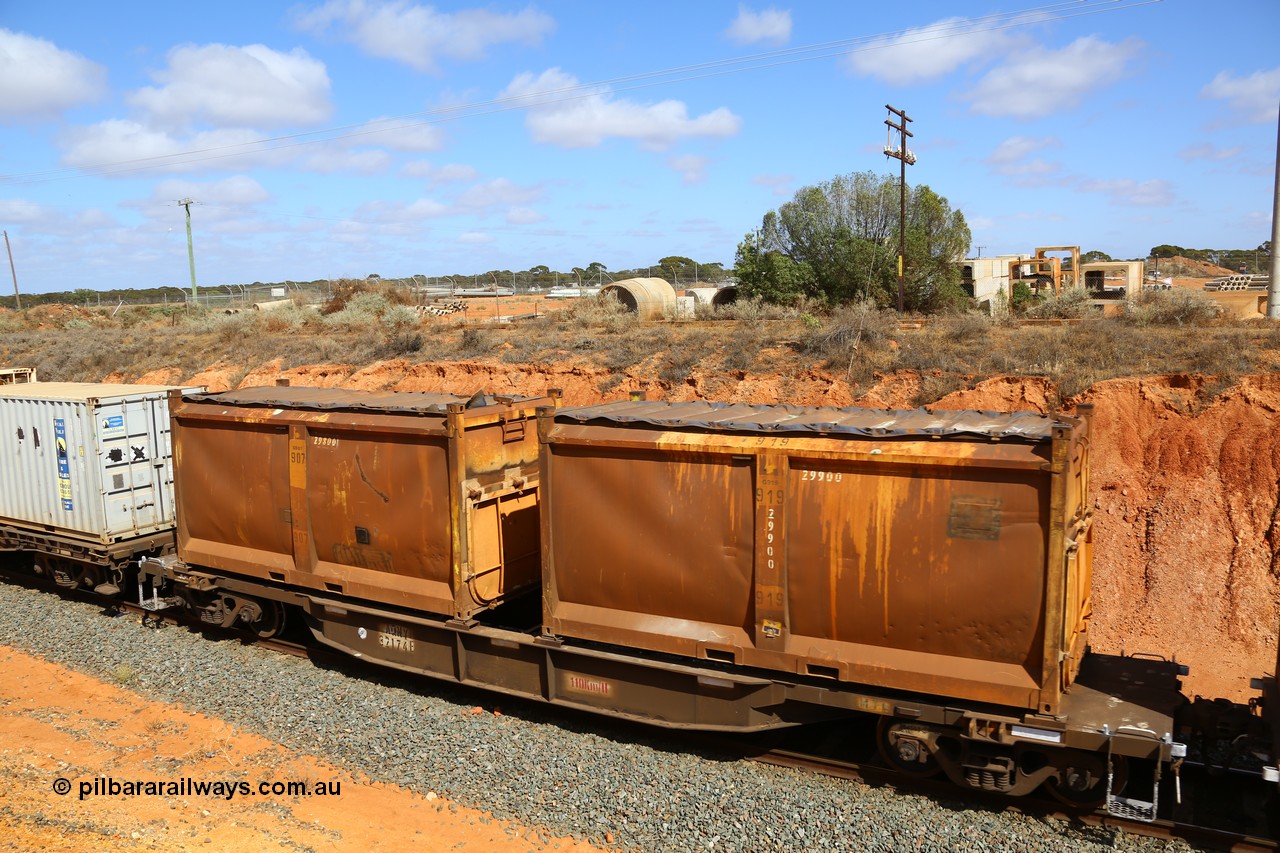161112 3034
West Kalgoorlie, loaded Malcolm sulphur train 6029, AQNY type waggon AQNY 32174 one of sixty two waggons built by Goninan WA in 1998 as WQN type for Murrin Murrin container traffic with a pair of original style sulphur containers with sliding tarpaulins, S144C G919 and S17V G907.
Keywords: AQNY-type;AQNY32174;Goninan-WA;WQN-type;