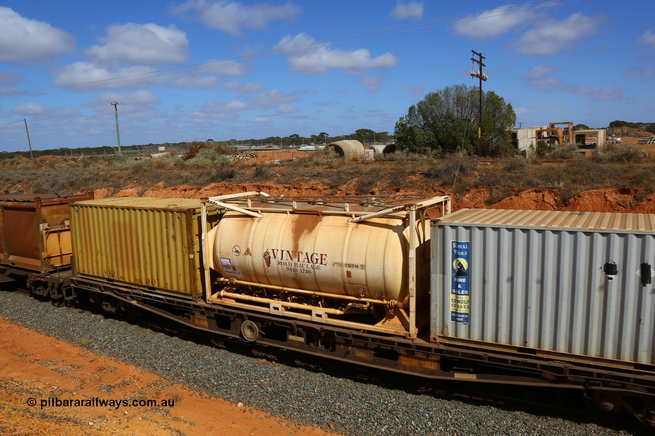161112 3035
West Kalgoorlie, loaded Malcolm sulphur train 6029, AQWY type waggon AQWY 31002, one of eighteen WFA type container waggons built by Westrail Midland Workshops in 1981, recoded to WQCY in 1987, roof view of a Jamieson built TEU tanktainer for Vintage Road Haulage with magnafloc, JTSU 012514 with two TEU 22G1 type containers RWLU 812401 and RSSU 153071.
Keywords: AQWY-type;AQWY31002;Westrail-Midland-WS;WFA-type;WQCY-type;AQCY-type;