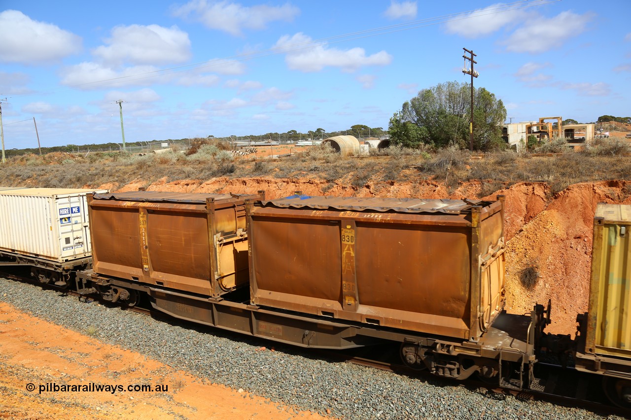 161112 3036
West Kalgoorlie, loaded Malcolm sulphur train 6029, AQNY type waggon AQNY 32154 one of sixty two waggons built by Goninan WA in 1998 as WQN type for Murrin Murrin container traffic with a pair of original style sulphur containers with sliding tarpaulins, S38A G830 and S154K G937.
Keywords: AQNY-type;AQNY32154;Goninan-WA;WQN-type;