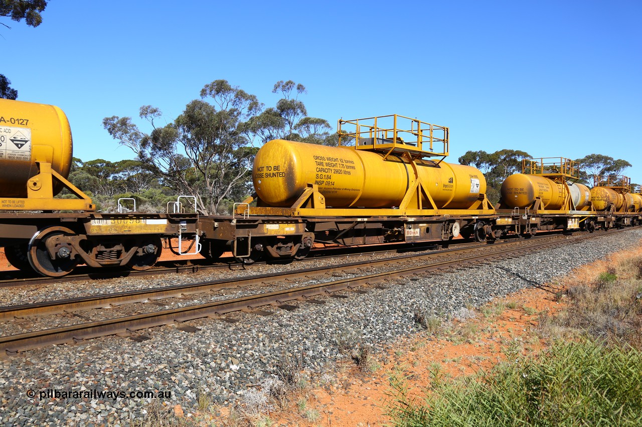 161112 3459
Binduli, loaded Hampton acid train 7406 with AQHY 30090 with sulphuric acid tank CSA 0092, originally built by the WAGR Midland Workshops in 1964/66 as a WF type flat waggon, then in 1997, following several recodes and modifications, was one of seventy five waggons converted to the WQH type to carry CSA sulphuric acid tanks between Hampton/Kalgoorlie and Perth/Kwinana. CSA 0092 was built by Vcare Engineering, India for Access Petrotec & Mining Solutions.
Keywords: AQHY-type;AQHY30090;WAGR-Midland-WS;WF-type;WFDY-type;WFDF-type;RFDF-type;WQH-type;