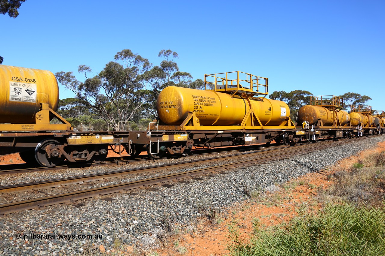 161112 3462
Binduli, loaded Hampton acid train 7406 with AQHY 30094 with sulphuric acid tank CSA 0100, originally built by the WAGR Midland Workshops in 1964/66 as a WF type flat waggon, then in 1997, following several recodes and modifications, was one of seventy five waggons converted to the WQH type to carry CSA sulphuric acid tanks between Hampton/Kalgoorlie and Perth/Kwinana. CSA 0100 was built by Vcare Engineering, India for Access Petrotec & Mining Solutions.
Keywords: AQHY-type;AQHY30094;WAGR-Midland-WS;WF-type;WFDY-type;WFDF-type;RFDF-type;WQH-type;