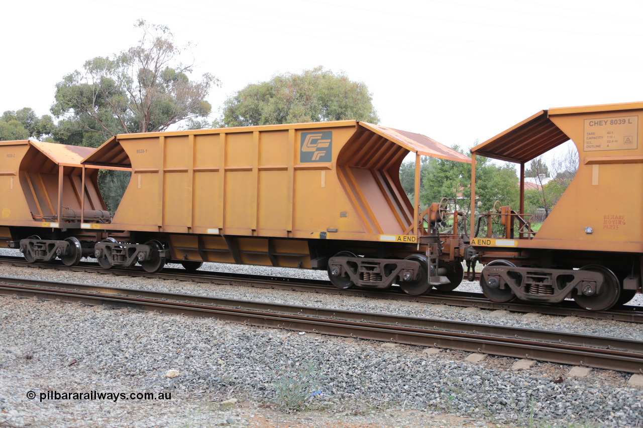 140601 4448
Woodbridge, empty Carina bound iron ore train #1035, CFCLA leased CHEY type waggon CHEY 8028-1 part of a pair of 120 sets built by Bluebird Rail Operations SA in 2011-12. 1st June 2014.
Keywords: CHEY-type;CHEY8028;Bluebird-Rail-Operations-SA;2011/120-28;