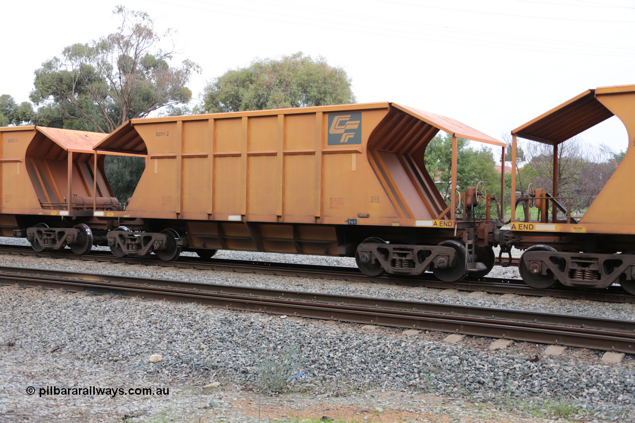 140601 4452
Woodbridge, empty Carina bound iron ore train #1035, CFCLA leased CHEY type waggon CHEY 8051-2 part of a pair of 120 sets built by Bluebird Rail Operations SA in 2011-12. 1st June 2014.
Keywords: CHEY-type;CHEY8051;Bluebird-Rail-Operations-SA;2011/120-51;