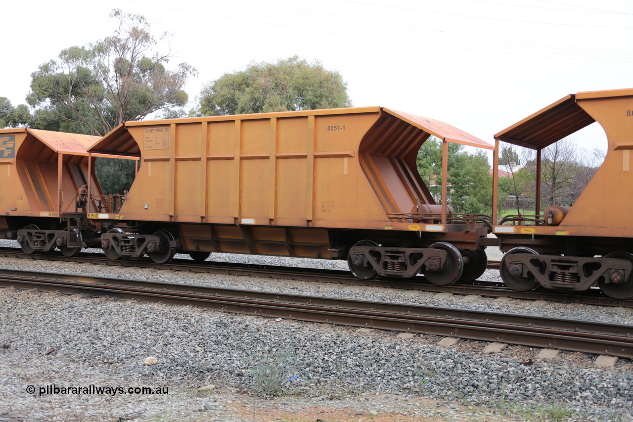 140601 4453
Woodbridge, empty Carina bound iron ore train #1035, CFCLA leased CHEY type waggon CHEY 8051-1 part of a pair of 120 sets built by Bluebird Rail Operations SA in 2011-12. 1st June 2014.
Keywords: CHEY-type;CHEY8051;Bluebird-Rail-Operations-SA;2011/120-51;