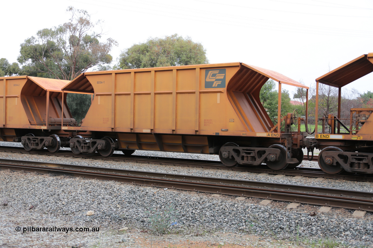 140601 4454
Woodbridge, empty Carina bound iron ore train #1035, CFCLA leased CHEY type waggon CHEY 8054-1 part of a pair of 120 sets built by Bluebird Rail Operations SA in 2011-12. 1st June 2014.
Keywords: CHEY-type;CHEY8054;Bluebird-Rail-Operations-SA;2011/120-54;