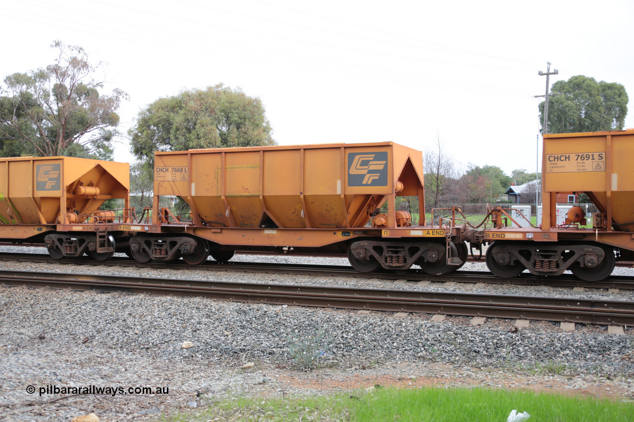 140601 4461
Woodbridge, empty Carina bound iron ore train #1035, CFCLA leased CHCH type waggon CHCH 7668 these waggons were rebuilt between 2010 and 2012 by Bluebird Rail Operations SA from former Goldsworthy Mining hopper waggons originally built by Tomlinson WA and Scotts of Ipswich Qld back in the 60's to early 80's. 1st June 2014.
Keywords: CHCH-type;CHCH7668;Bluebird-Rail-Operations-SA;2010/201-68;