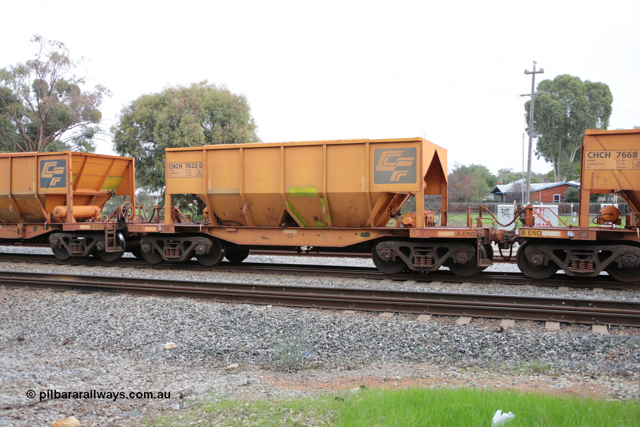 140601 4462
Woodbridge, empty Carina bound iron ore train #1035, CFCLA leased CHCH type waggon CHCH 7623 these waggons were rebuilt between 2010 and 2012 by Bluebird Rail Operations SA from former Goldsworthy Mining hopper waggons originally built by Tomlinson WA and Scotts of Ipswich Qld back in the 60's to early 80's. 1st June 2014.
Keywords: CHCH-type;CHCH7623;Bluebird-Rail-Operations-SA;2010/201-23;