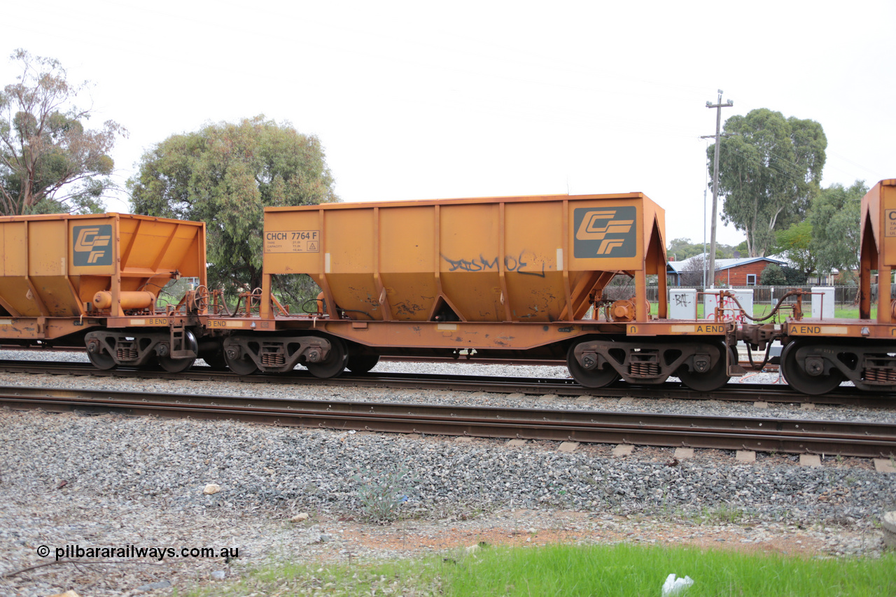 140601 4467
Woodbridge, empty Carina bound iron ore train #1035, CFCLA leased CHCH type waggon CHCH 7764 these waggons were rebuilt between 2010 and 2012 by Bluebird Rail Operations SA from former Goldsworthy Mining hopper waggons originally built by Tomlinson WA and Scotts of Ipswich Qld back in the 60's to early 80's. 1st June 2014.
Keywords: CHCH-type;CHCH7764;Bluebird-Rail-Operations-SA;2010/201-164;