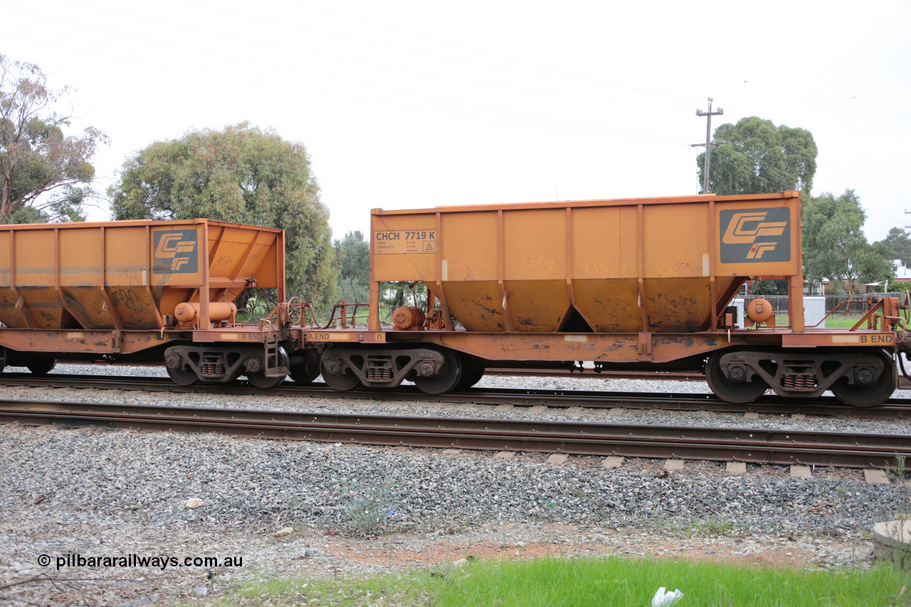 140601 4475
Woodbridge, empty Carina bound iron ore train #1035, CFCLA leased CHCH type waggon CHCH 7719 these waggons were rebuilt between 2010 and 2012 by Bluebird Rail Operations SA from former Goldsworthy Mining hopper waggons originally built by Tomlinson WA and Scotts of Ipswich Qld back in the 60's to early 80's. 1st June 2014.
Keywords: CHCH-type;CHCH7719;Bluebird-Rail-Operations-SA;2010/201-119;