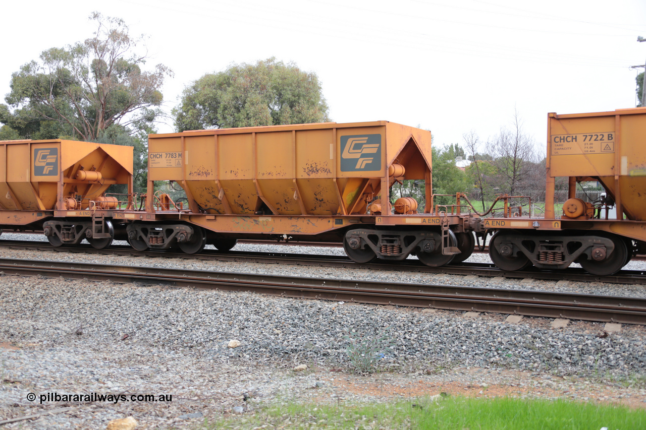 140601 4477
Woodbridge, empty Carina bound iron ore train #1035, CFCLA leased CHCH type waggon CHCH 7783 these waggons were rebuilt between 2010 and 2012 by Bluebird Rail Operations SA from former Goldsworthy Mining hopper waggons originally built by Tomlinson WA and Scotts of Ipswich Qld back in the 60's to early 80's. 1st June 2014.
Keywords: CHCH-type;CHCH7783;Bluebird-Rail-Operations-SA;2010/201-183;