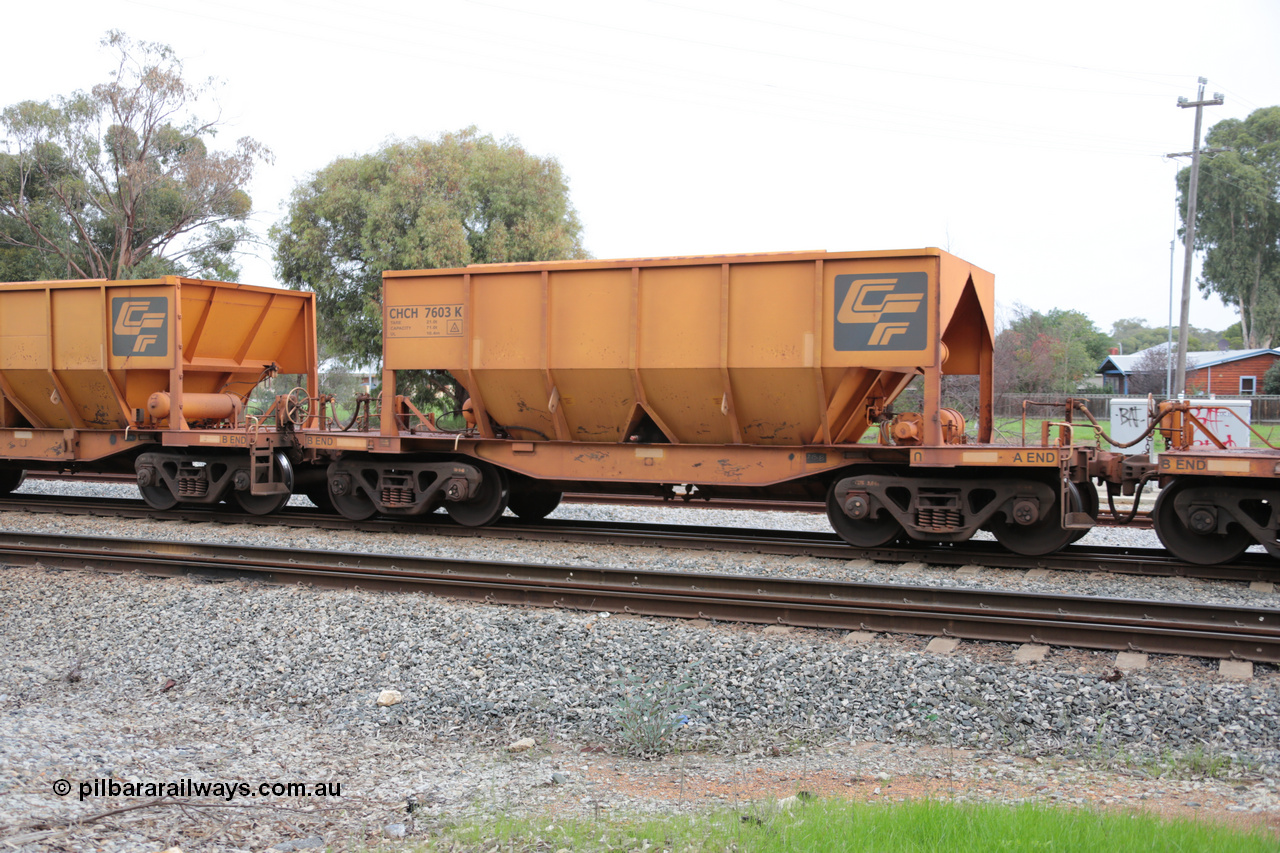 140601 4478
Woodbridge, empty Carina bound iron ore train #1035, CFCLA leased CHCH type waggon CHCH 7603 these waggons were rebuilt between 2010 and 2012 by Bluebird Rail Operations SA from former Goldsworthy Mining hopper waggons originally built by Tomlinson WA and Scotts of Ipswich Qld back in the 60's to early 80's. 1st June 2014.
Keywords: CHCH-type;CHCH7603;Bluebird-Rail-Operations-SA;2010/201-3;