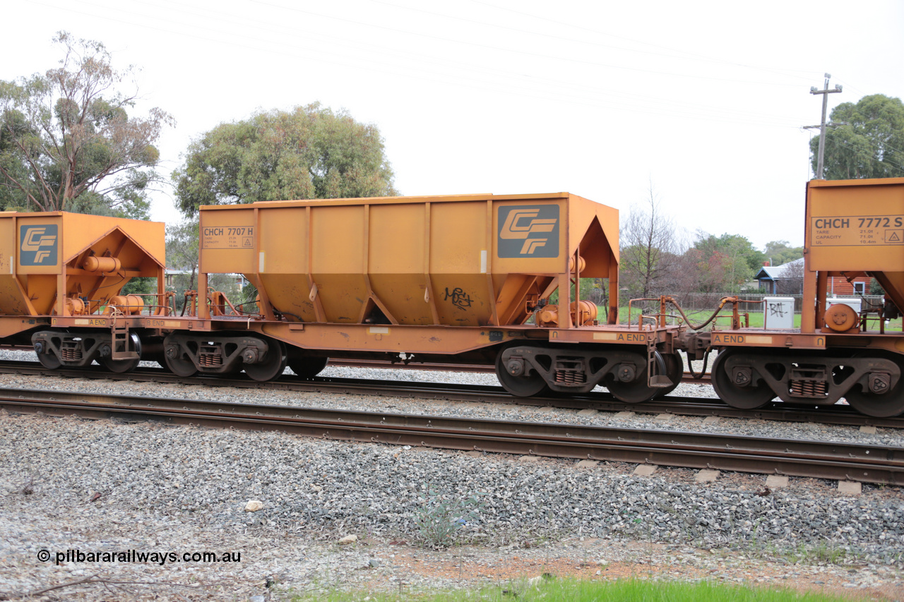 140601 4480
Woodbridge, empty Carina bound iron ore train #1035, CFCLA leased CHCH type waggon CHCH 7707 these waggons were rebuilt between 2010 and 2012 by Bluebird Rail Operations SA from former Goldsworthy Mining hopper waggons originally built by Tomlinson WA and Scotts of Ipswich Qld back in the 60's to early 80's. 1st June 2014.
Keywords: CHCH-type;CHCH7707;Bluebird-Rail-Operations-SA;2010/201-107;