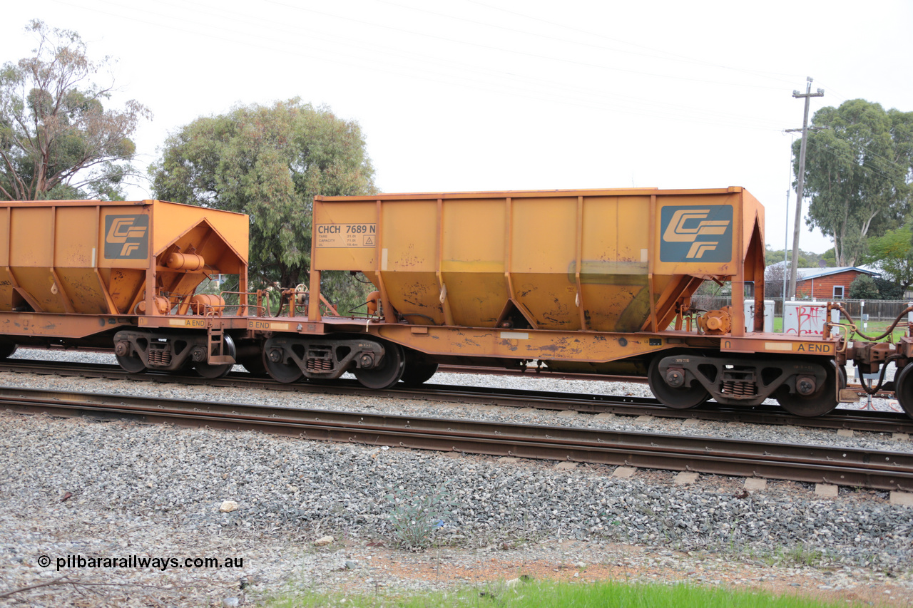 140601 4487
Woodbridge, empty Carina bound iron ore train #1035, CFCLA leased CHCH type waggon CHCH 7689 these waggons were rebuilt between 2010 and 2012 by Bluebird Rail Operations SA from former Goldsworthy Mining hopper waggons originally built by Tomlinson WA and Scotts of Ipswich Qld back in the 60's to early 80's. 1st June 2014.
Keywords: CHCH-type;CHCH7689;Bluebird-Rail-Operations-SA;2010/201-89;