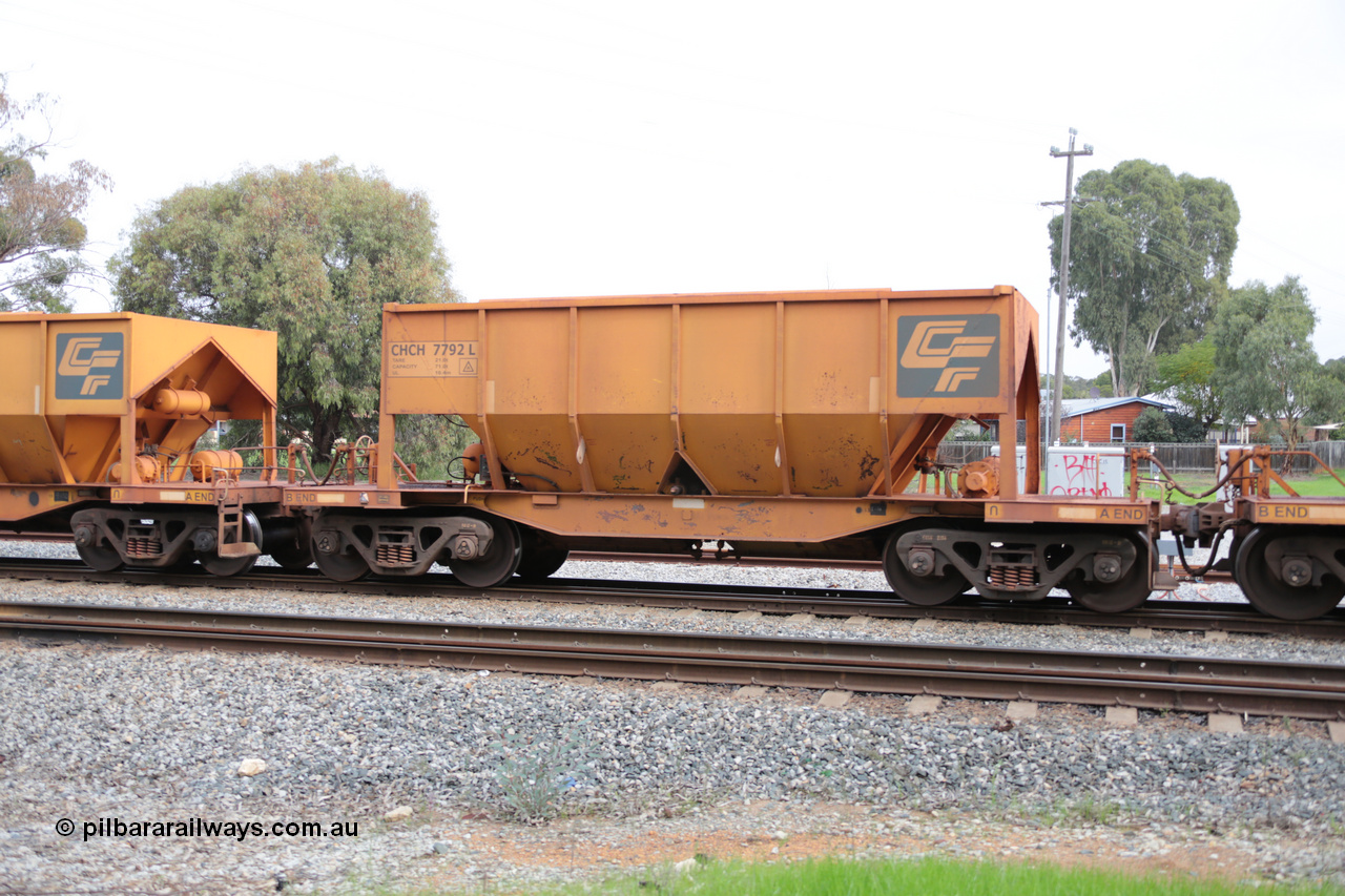 140601 4504
Woodbridge, empty Carina bound iron ore train #1035, CFCLA leased CHCH type waggon CHCH 7792 these waggons were rebuilt between 2010 and 2012 by Bluebird Rail Operations SA from former Goldsworthy Mining hopper waggons originally built by Tomlinson WA and Scotts of Ipswich Qld back in the 60's to early 80's. 1st June 2014.
Keywords: CHCH-type;CHCH7792;Bluebird-Rail-Operations-SA;2010/201-192;