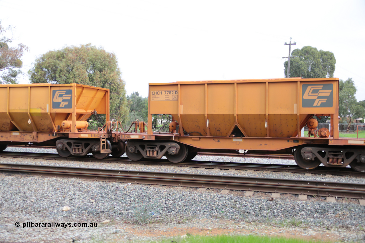 140601 4505
Woodbridge, empty Carina bound iron ore train #1035, CFCLA leased CHCH type waggon CHCH 7782 these waggons were rebuilt between 2010 and 2012 by Bluebird Rail Operations SA from former Goldsworthy Mining hopper waggons originally built by Tomlinson WA and Scotts of Ipswich Qld back in the 60's to early 80's. 1st June 2014.
Keywords: CHCH-type;CHCH7782;Bluebird-Rail-Operations-SA;2010/201-182;