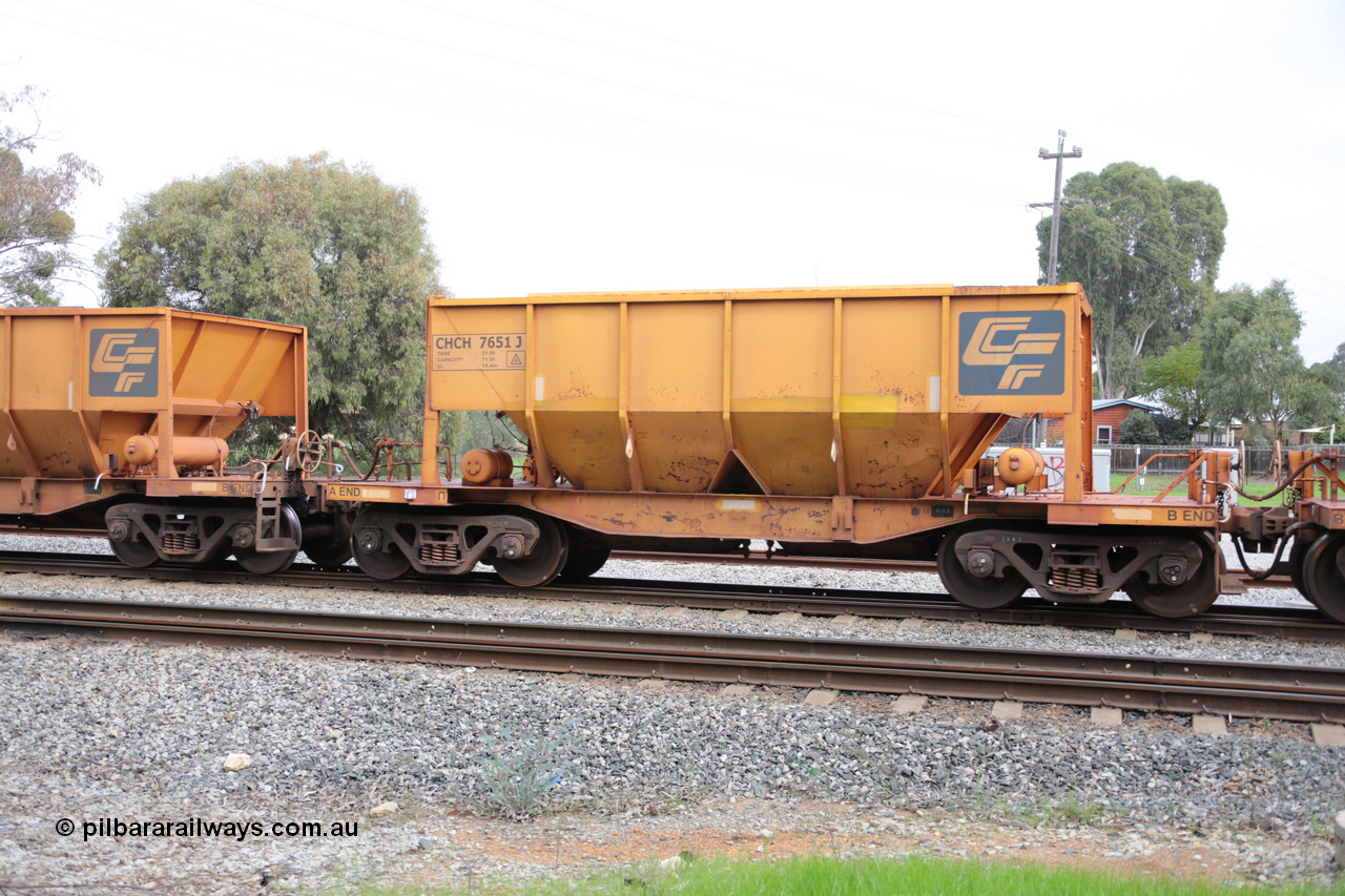 140601 4506
Woodbridge, empty Carina bound iron ore train #1035, CFCLA leased CHCH type waggon CHCH 7651 these waggons were rebuilt between 2010 and 2012 by Bluebird Rail Operations SA from former Goldsworthy Mining hopper waggons originally built by Tomlinson WA and Scotts of Ipswich Qld back in the 60's to early 80's. 1st June 2014.
Keywords: CHCH-type;CHCH7651;Bluebird-Rail-Operations-SA;2010/201-51;