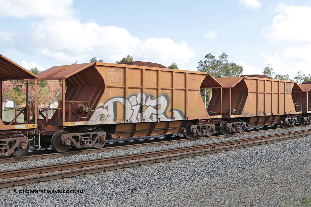 140601 4604
Midland, loaded iron ore train #1030 heading to Kwinana, CFCLA leased CHEY type waggon CHEY 8030 one pair of 120 bar coupled pairs built by Bluebird Rail Operations SA in 2011-12. 1st June 2014.
Keywords: CHEY-type;CHEY8030;Bluebird-Rail-Operations-SA;2011/120-30;