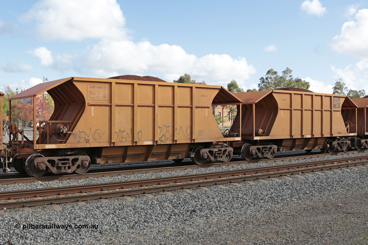 140601 4611
Midland, loaded iron ore train #1030 heading to Kwinana, CFCLA leased CHEY type waggon CHEY 8001 one pair of 120 bar coupled pairs built by Bluebird Rail Operations SA in 2011-12. 1st June 2014.
Keywords: CHEY-type;CHEY8001;Bluebird-Rail-Operations-SA;2011/120-1;