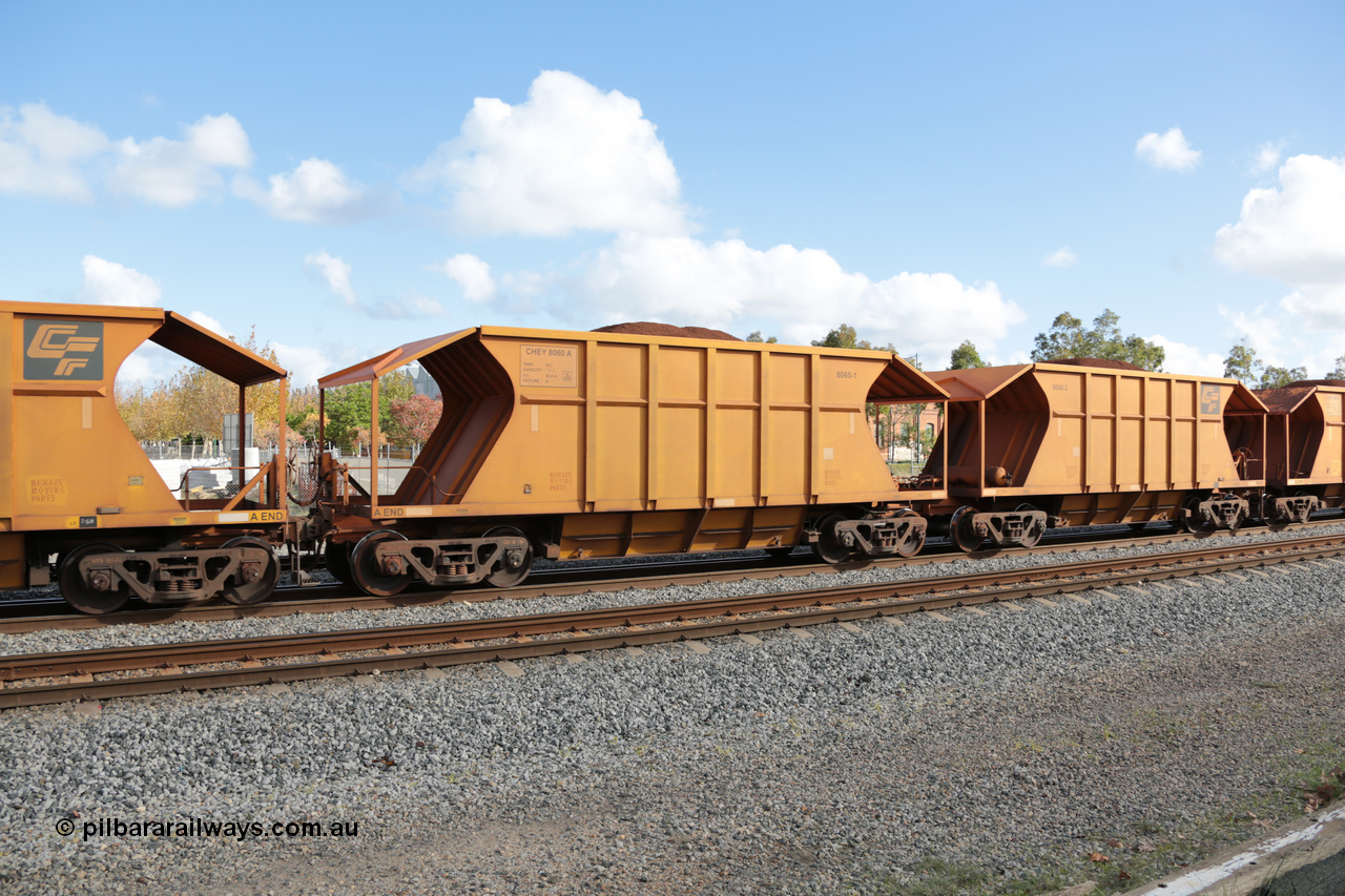140601 4616
Midland, loaded iron ore train #1030 heading to Kwinana, CFCLA leased CHEY type waggon CHEY 8060 one pair of 120 bar coupled pairs built by Bluebird Rail Operations SA in 2011-12. 1st June 2014.
Keywords: CHEY-type;CHEY8060;Bluebird-Rail-Operations-SA;2011/120-60;