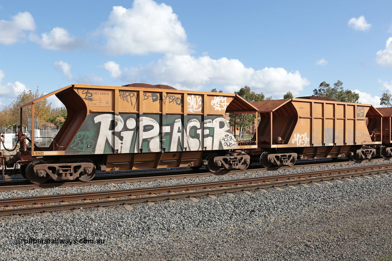 140601 4618
Midland, loaded iron ore train #1030 heading to Kwinana, CFCLA leased CHEY type waggon CHEY 8009 one pair of 120 bar coupled pairs built by Bluebird Rail Operations SA in 2011-12. 1st June 2014.
Keywords: CHEY-type;CHEY8009;Bluebird-Rail-Operations-SA;2011/120-9;