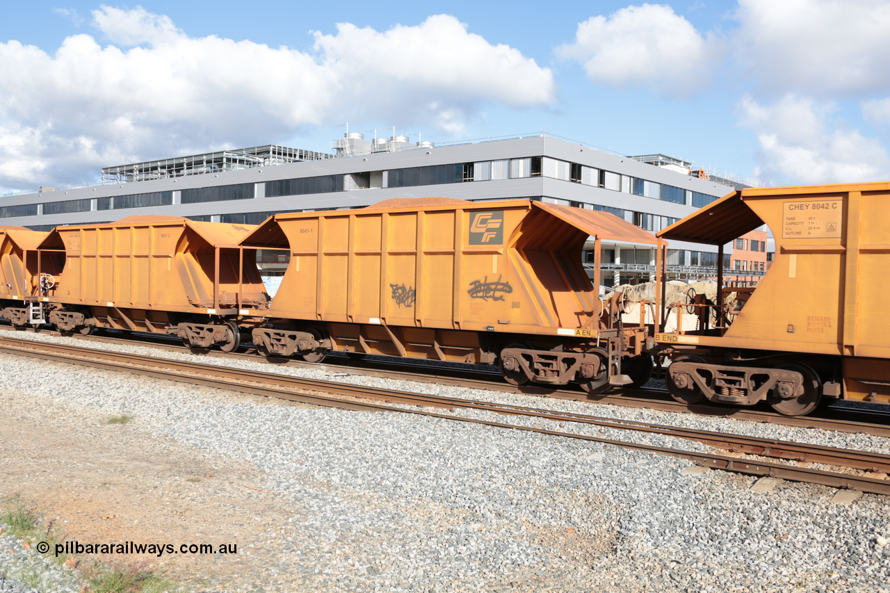 140601 4623
Midland, loaded iron ore train #1030 heading to Kwinana, CFCLA leased CHEY type waggon CHEY 8041 one pair of 120 bar coupled pairs built by Bluebird Rail Operations SA in 2011-12. 1st June 2014.
Keywords: CHEY-type;CHEY8041;Bluebird-Rail-Operations-SA;2011/120-41;