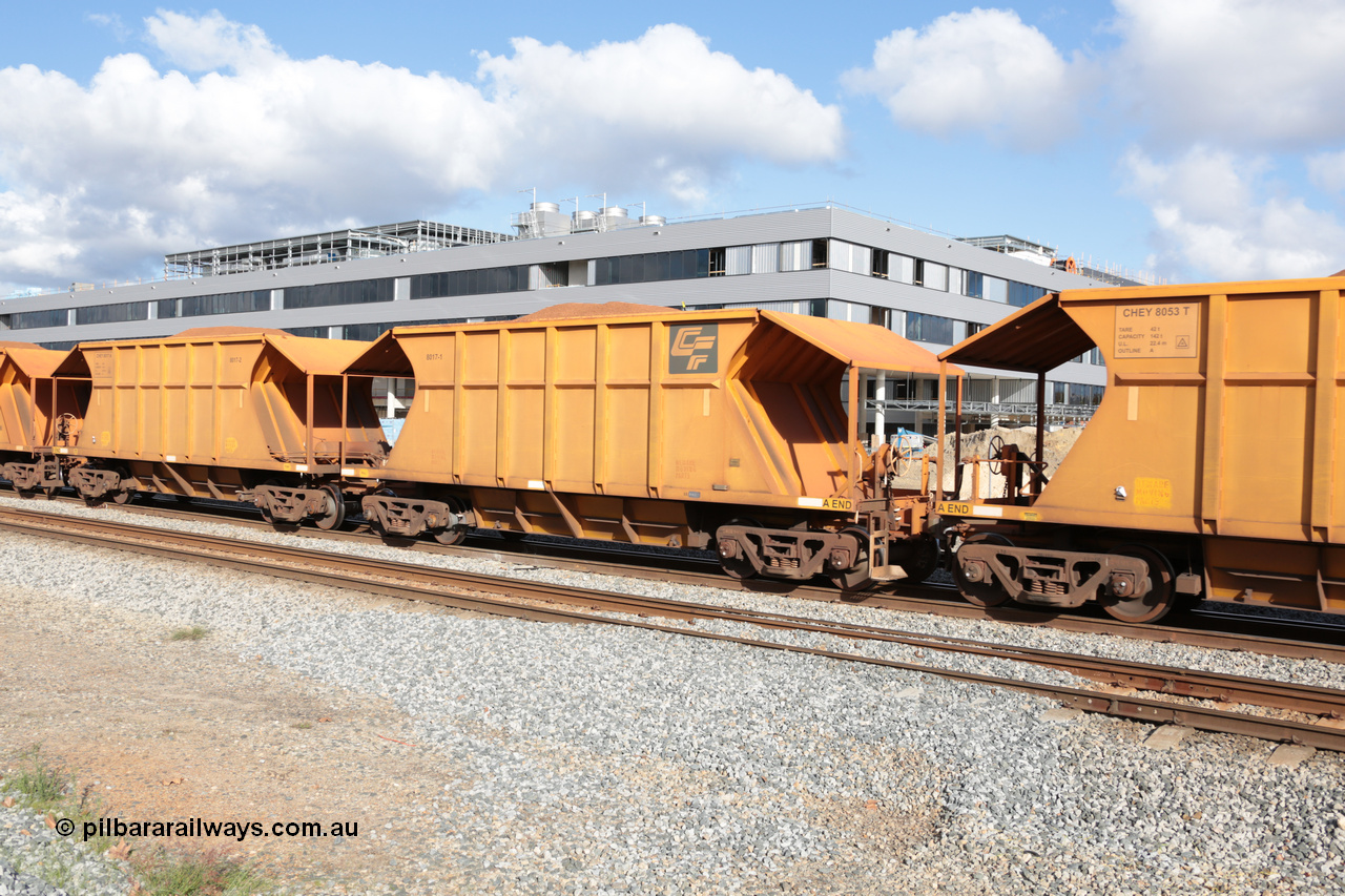 140601 4625
Midland, loaded iron ore train #1030 heading to Kwinana, CFCLA leased CHEY type waggon CHEY 8017 one pair of 120 bar coupled pairs built by Bluebird Rail Operations SA in 2011-12. 1st June 2014.
Keywords: CHEY-type;CHEY8017;Bluebird-Rail-Operations-SA;2011/120-17;