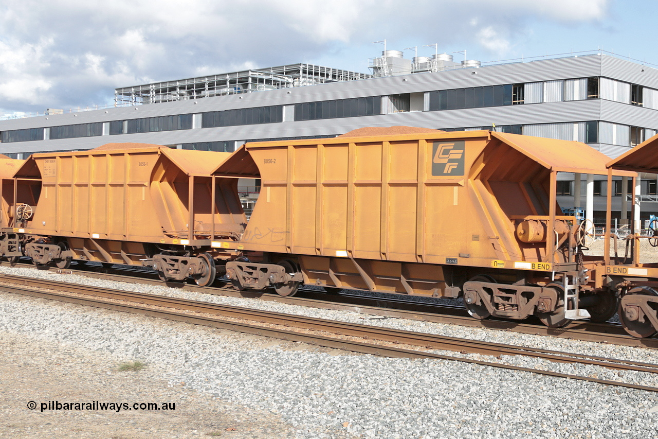 140601 4627
Midland, loaded iron ore train #1030 heading to Kwinana, CFCLA leased CHEY type waggon CHEY 8056 one pair of 120 bar coupled pairs built by Bluebird Rail Operations SA in 2011-12. 1st June 2014.
Keywords: CHEY-type;CHEY8056;Bluebird-Rail-Operations-SA;2011/120-56;
