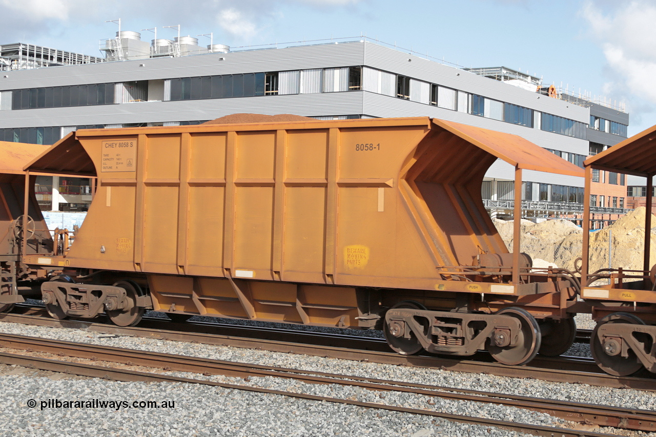 140601 4634
Midland, loaded iron ore train #1030 heading to Kwinana, CFCLA leased CHEY type waggon CHEY 8058-1 part of a pair of 120 sets built by Bluebird Rail Operations SA in 2011-12. 1st June 2014.
Keywords: CHEY-type;CHEY8058;Bluebird-Rail-Operations-SA;2011/120-58;
