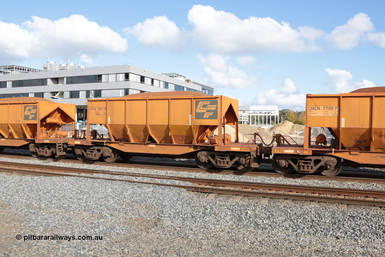 140601 4639
Midland, loaded iron ore train #1030 heading to Kwinana, CFCLA leased CHCH type waggon CHCH 7657 these waggons were rebuilt between 2010 and 2012 by Bluebird Rail Operations SA from former Goldsworthy Mining hopper waggons originally built by Tomlinson WA and Scotts of Ipswich Qld back in the 60's to early 80's. 1st June 2014.
Keywords: CHCH-type;CHCH7657;Bluebird-Rail-Operations-SA;2010/201-57;