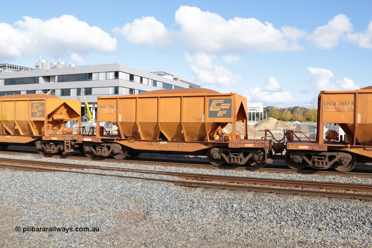 140601 4640
Midland, loaded iron ore train #1030 heading to Kwinana, CFCLA leased CHCH type waggon CHCH 7791 these waggons were rebuilt between 2010 and 2012 by Bluebird Rail Operations SA from former Goldsworthy Mining hopper waggons originally built by Tomlinson WA and Scotts of Ipswich Qld back in the 60's to early 80's. 1st June 2014.
Keywords: CHCH-type;CHCH7791;Bluebird-Rail-Operations-SA;2010/201-191;