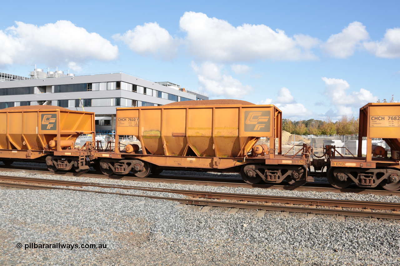 140601 4643
Midland, loaded iron ore train #1030 heading to Kwinana, CFCLA leased CHCH type waggon CHCH 7610 these waggons were rebuilt between 2010 and 2012 by Bluebird Rail Operations SA from former Goldsworthy Mining hopper waggons originally built by Tomlinson WA and Scotts of Ipswich Qld back in the 60's to early 80's. 1st June 2014.
Keywords: CHCH-type;CHCH7610;Bluebird-Rail-Operations-SA;2010/201-10;