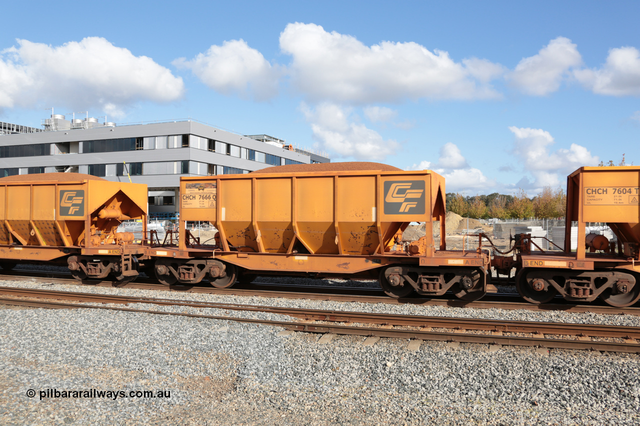 140601 4647
Midland, loaded iron ore train #1030 heading to Kwinana, CFCLA leased CHCH type waggon CHCH 7666 these waggons were rebuilt between 2010 and 2012 by Bluebird Rail Operations SA from former Goldsworthy Mining hopper waggons originally built by Tomlinson WA and Scotts of Ipswich Qld back in the 60's to early 80's. 1st June 2014.
Keywords: CHCH-type;CHCH7666;Bluebird-Rail-Operations-SA;2010/201-66;