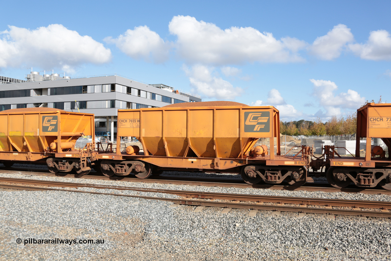 140601 4650
Midland, loaded iron ore train #1030 heading to Kwinana, CFCLA leased CHCH type waggon CHCH 7655 these waggons were rebuilt between 2010 and 2012 by Bluebird Rail Operations SA from former Goldsworthy Mining hopper waggons originally built by Tomlinson WA and Scotts of Ipswich Qld back in the 60's to early 80's. 1st June 2014.
Keywords: CHCH-type;CHCH7655;Bluebird-Rail-Operations-SA;2010/201-55;