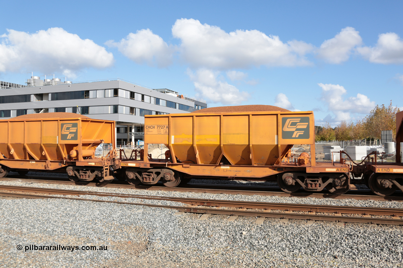 140601 4652
Midland, loaded iron ore train #1030 heading to Kwinana, CFCLA leased CHCH type waggon CHCH 7727 these waggons were rebuilt between 2010 and 2012 by Bluebird Rail Operations SA from former Goldsworthy Mining hopper waggons originally built by Tomlinson WA and Scotts of Ipswich Qld back in the 60's to early 80's. 1st June 2014.
Keywords: CHCH-type;CHCH7727;Bluebird-Rail-Operations-SA;2010/201-127;