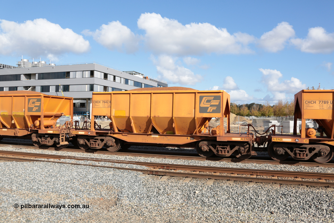 140601 4656
Midland, loaded iron ore train #1030 heading to Kwinana, CFCLA leased CHCH type waggon CHCH 7642 these waggons were rebuilt between 2010 and 2012 by Bluebird Rail Operations SA from former Goldsworthy Mining hopper waggons originally built by Tomlinson WA and Scotts of Ipswich Qld back in the 60's to early 80's. 1st June 2014.
Keywords: CHCH-type;CHCH7642;Bluebird-Rail-Operations-SA;2010/201-42;