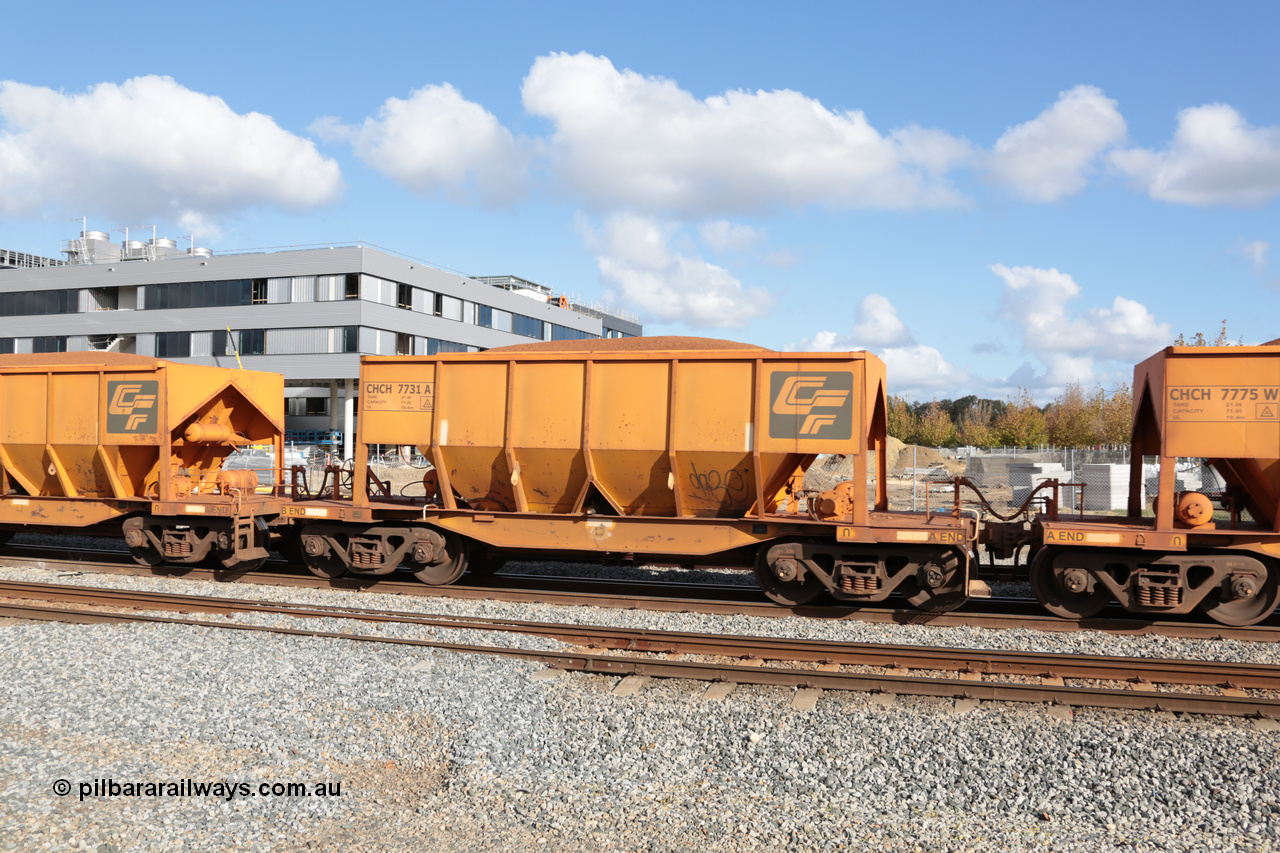 140601 4658
Midland, loaded iron ore train #1030 heading to Kwinana, CFCLA leased CHCH type waggon CHCH 7731 these waggons were rebuilt between 2010 and 2012 by Bluebird Rail Operations SA from former Goldsworthy Mining hopper waggons originally built by Tomlinson WA and Scotts of Ipswich Qld back in the 60's to early 80's. 1st June 2014.
Keywords: CHCH-type;CHCH7731;Bluebird-Rail-Operations-SA;2010/201-131;