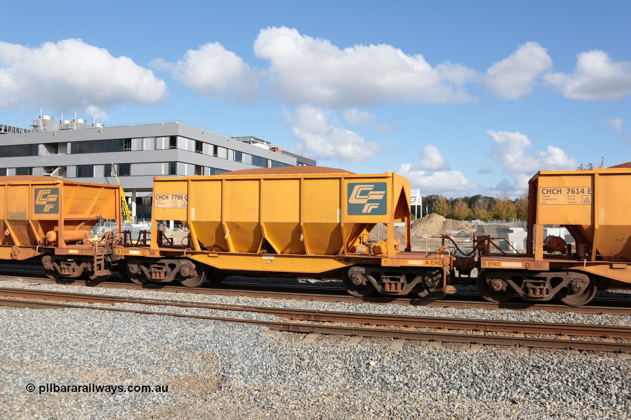 140601 4661
Midland, loaded iron ore train #1030 heading to Kwinana, CFCLA leased CHCH type waggon CHCH 7790 these waggons were rebuilt between 2010 and 2012 by Bluebird Rail Operations SA from former Goldsworthy Mining hopper waggons originally built by Tomlinson WA and Scotts of Ipswich Qld back in the 60's to early 80's. 1st June 2014.
Keywords: CHCH-type;CHCH7790;Bluebird-Rail-Operations-SA;2010/201-190;