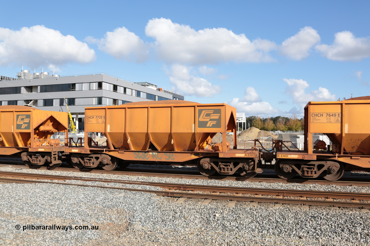 140601 4665
Midland, loaded iron ore train #1030 heading to Kwinana, CFCLA leased CHCH type waggon CHCH 7729 these waggons were rebuilt between 2010 and 2012 by Bluebird Rail Operations SA from former Goldsworthy Mining hopper waggons originally built by Tomlinson WA and Scotts of Ipswich Qld back in the 60's to early 80's. 1st June 2014.
Keywords: CHCH-type;CHCH7729;Bluebird-Rail-Operations-SA;2010/201-129;