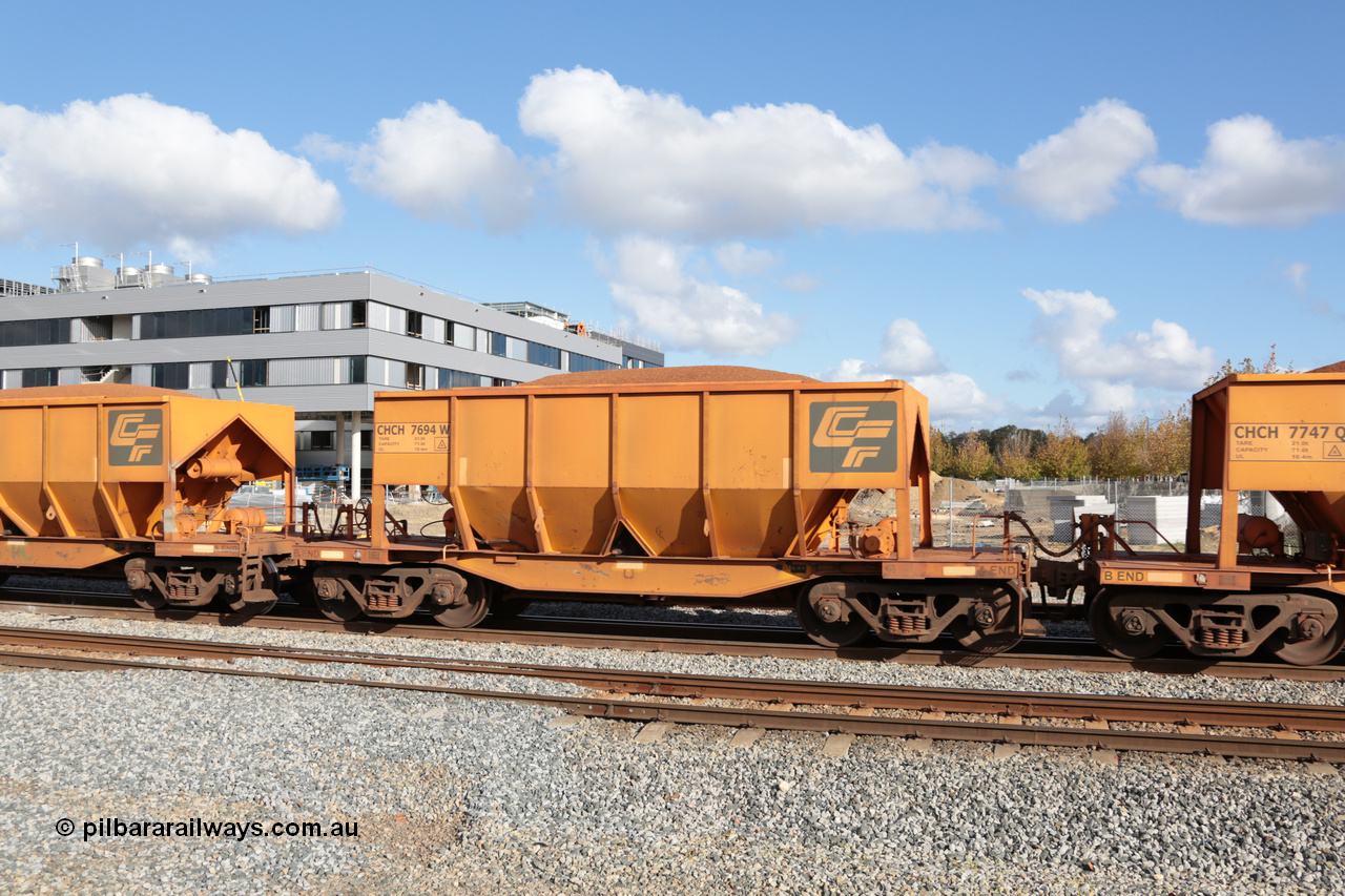 140601 4667
Midland, loaded iron ore train #1030 heading to Kwinana, CFCLA leased CHCH type waggon CHCH 7694 these waggons were rebuilt between 2010 and 2012 by Bluebird Rail Operations SA from former Goldsworthy Mining hopper waggons originally built by Tomlinson WA and Scotts of Ipswich Qld back in the 60's to early 80's. 1st June 2014.
Keywords: CHCH-type;CHCH7694;Bluebird-Rail-Operations-SA;2010/201-94;