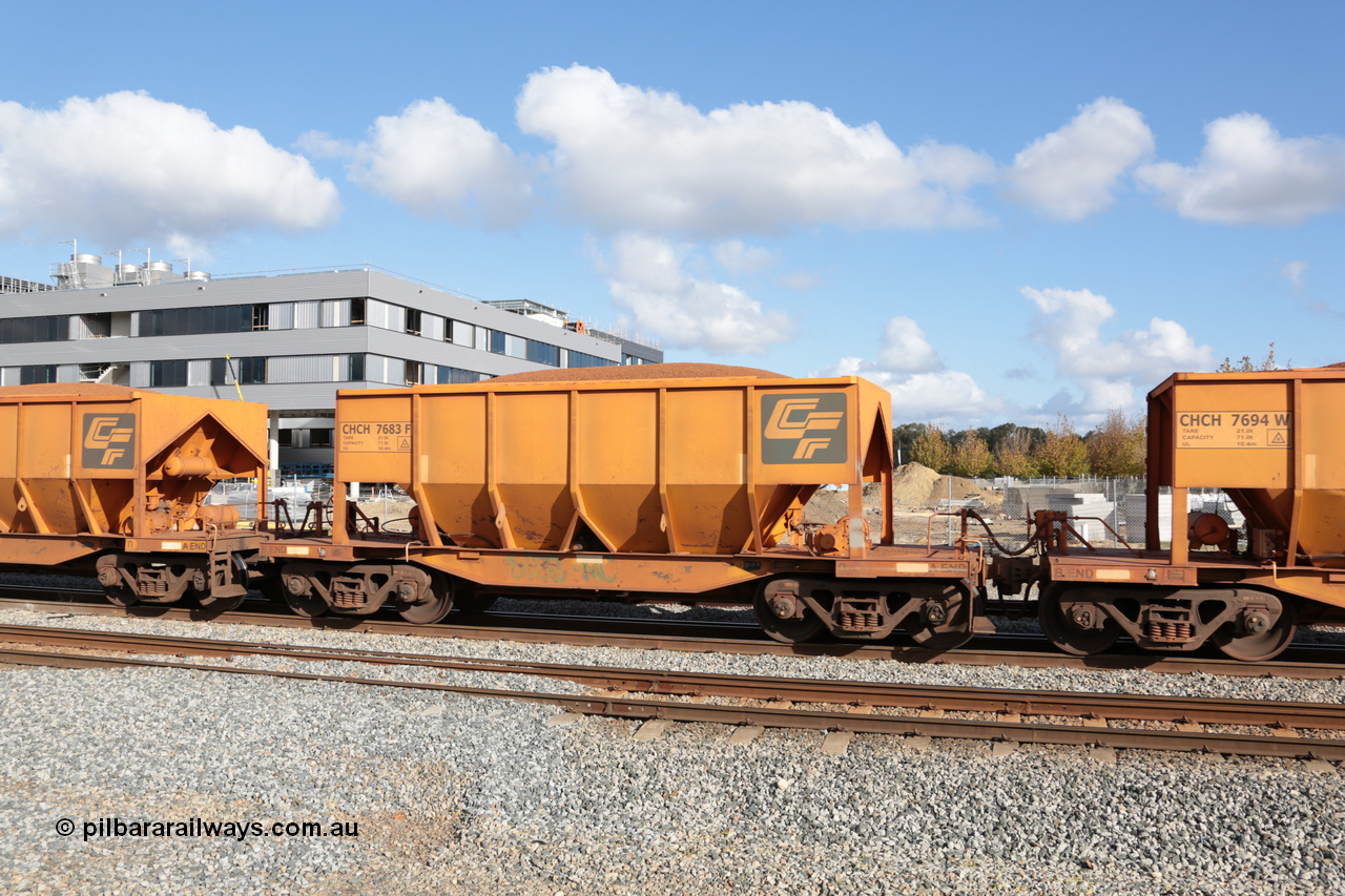 140601 4668
Midland, loaded iron ore train #1030 heading to Kwinana, CFCLA leased CHCH type waggon CHCH 7683 these waggons were rebuilt between 2010 and 2012 by Bluebird Rail Operations SA from former Goldsworthy Mining hopper waggons originally built by Tomlinson WA and Scotts of Ipswich Qld back in the 60's to early 80's. 1st June 2014.
Keywords: CHCH-type;CHCH7683;Bluebird-Rail-Operations-SA;2010/201-83;