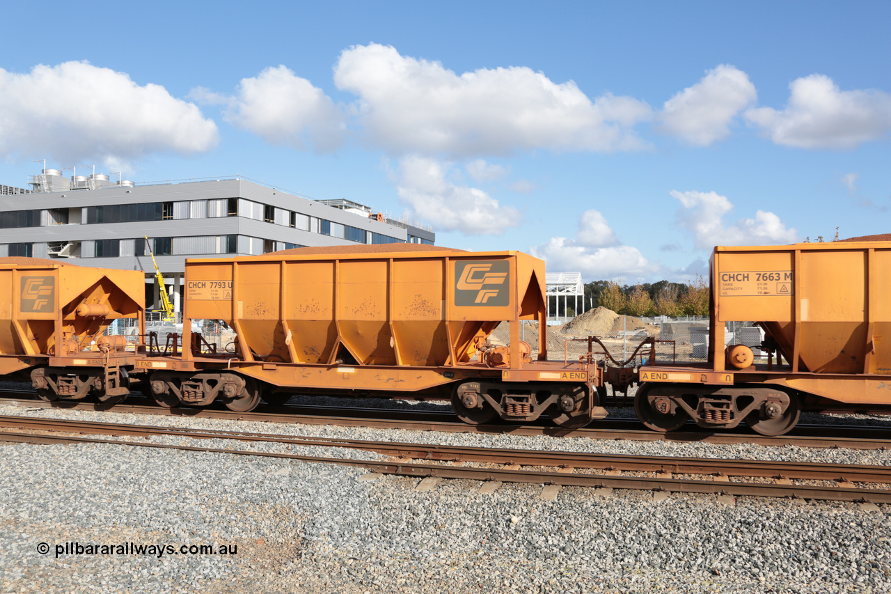 140601 4671
Midland, loaded iron ore train #1030 heading to Kwinana, CFCLA leased CHCH type waggon CHCH 7793 these waggons were rebuilt between 2010 and 2012 by Bluebird Rail Operations SA from former Goldsworthy Mining hopper waggons originally built by Tomlinson WA and Scotts of Ipswich Qld back in the 60's to early 80's. 1st June 2014.
Keywords: CHCH-type;CHCH7793;Bluebird-Rail-Operations-SA;2010/201-793;